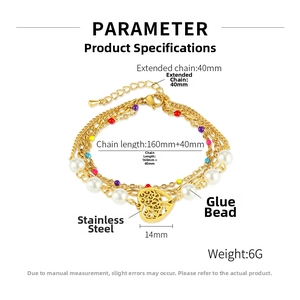 Detailed specs of multilayered heart tree bracelet in gold stainless steel finish