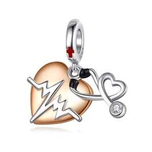 Silver S925 medical heart charm featuring a golden stethoscope with a red cross icon