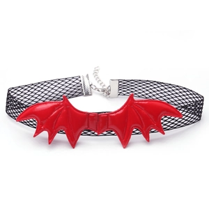 Detail of gothic choker with black mesh band and 3D red bat wings with silver chain