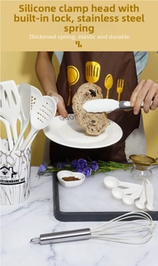 Action shot of silicone kitchen tongs picking up bread with stainless steel handle detail