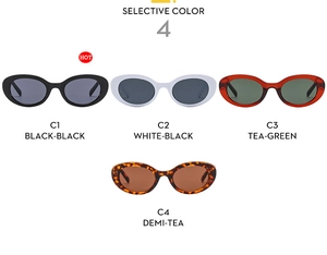 Selection of four oval sunglasses in black, white, green, and tortoiseshell finishes