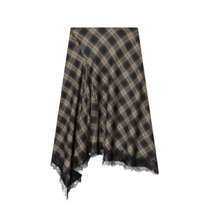 Jupe Midi Asymétrique À Carreaux Pour Femmes Avec Bordure En Dentelle Vintage Taille Haute Streetwear Sexy Jupe Trapèze