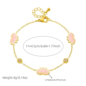 Pink gradient enamel lotus bracelet in gold finish with sparkling crystals and thin chain