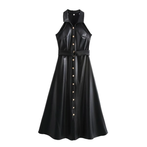 Sexy Black PU Leather Halter Maxi Dress With Belt Gold Buttons Lapel Sleeveless Moto Style Bodycon For Women Elegant