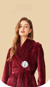 Close-up of wine red flannel bathrobe featuring thick pineapple texture collar detail