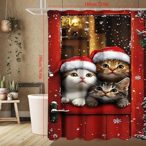 Détail du rideau de douche en polyester étanche motif chat de Noël en 180x180cm
