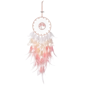 Pink Tree of Life dreamcatcher with soft feathers and pearls for bedroom wall decor