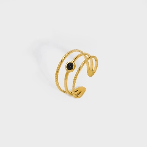 Three-layer 18K gold plated stainless steel open ring with round black natural stone center