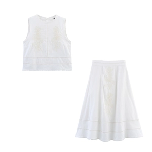 Close-up of white lace patchwork embroidery and fabric texture on summer two-piece set