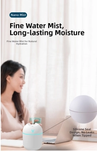 Detail of white mini USB humidifier featuring nano spray and leak-proof silicone seal