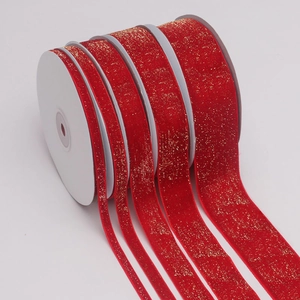 Red velvet ribbons with gold glitter edges in five widths for gift wrapping