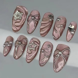 Faux Ongles Press On Eye De Chat Rose Avec Noeud Argenté 3D Étoile Strass Künstliche Perle Amande Longs