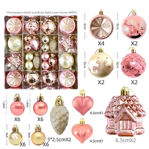 Detail of 40-piece Christmas ornament set with champagne gold and rose gold baubles