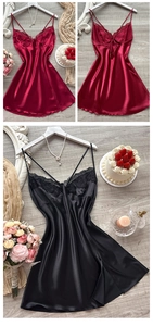 Lace-trimmed satin slip nightgown with delicate cross-back straps and silky texture