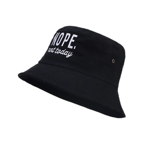Fashionable black cotton bucket hat with NOPE not today white letter embroidery