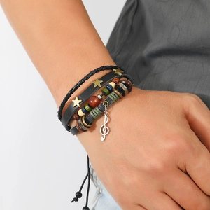 Retro multilayer leather bracelet with star accents and musical note charm for men and women
