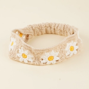 Ethnic knit daisy headband with handmade crochet flowers in soft beige and white