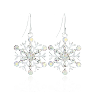Sparkling silver snowflake drop earrings with iridescent rhinestones and fish hook design