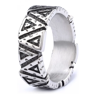 Macro view of retro silver steel ring featuring continuous triangular embossed patterns