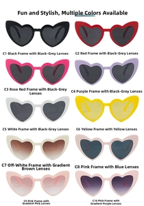 Catalogo dettagliato di occhiali da sole a forma di cuore in dieci colori per feste