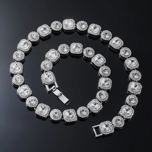 Men's hip hop silver chain necklace featuring alternating square and round zircons