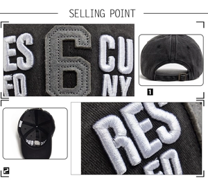 Detailed views of washed cotton baseball cap with 3D embroidery and adjustable buckle