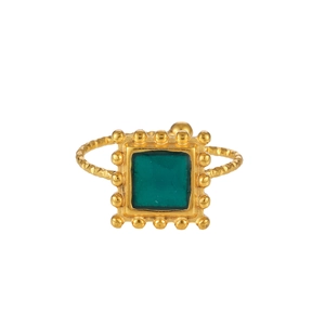 Close-up of vintage gold adjustable ring featuring a square emerald green center stone