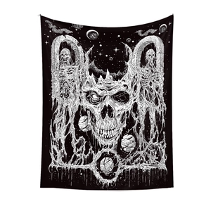 Gothic black and white skull tapestry featuring dark metal art for room wall decoration