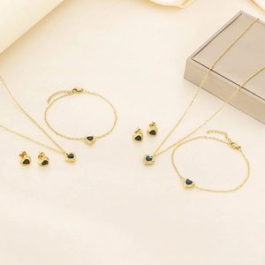 Parure Bijoux Coeur Acier Inoxydable Collier Bracelet Boucles Oreilles Avec Pierre Verre Plaqué Or 18K Luxe Femmes