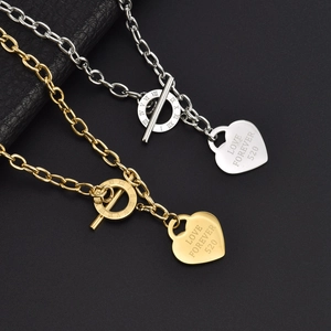 Punk style stainless steel heart pendant necklace with OT toggle clasp in gold and silver