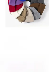 Flat lay view of ribbed knit beanies in various colors including purple and red