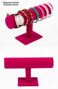 Detail of rose red velvet three-tier display stand for bracelets and watches