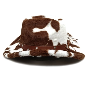 Detailed view of western cow print cowboy hat with brown faux fur and studded leather band