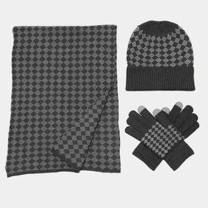 Winter knitted set with checkerboard scarf, beanie and touchscreen gloves in dark grey