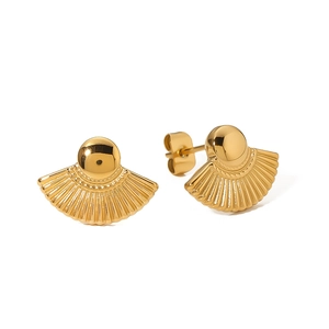 Elegant 18K gold-plated fan-shaped titanium steel stud earrings on white background