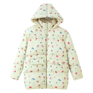Detail of hooded padded jacket with colorful fruit print and durable resin zipper