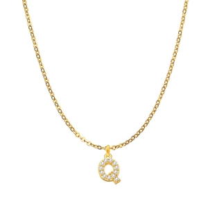 Detailed close-up of a delicate gold Q-letter pendant necklace with sparkling zircons