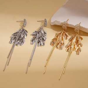 Retro metallic tassel earrings with zircon leaves in gold and silver finish