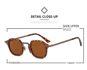 Detail close-up of retro square tortoiseshell frame sunglasses with dark brown lenses