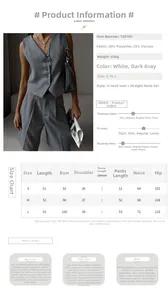 Detailed size chart and fabric info for V-neck vest and straight shorts suit set