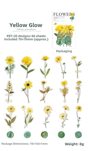Detailed view of yellow PET dried flower stickers set with vintage wax seal decorations