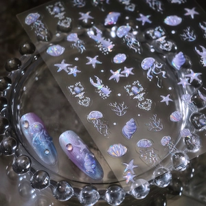 Holographic ocean themed nail stickers with jellyfish and starfish 3D jelly patterns