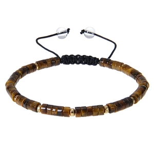 Macro detail of natural tiger eye cylinder beads on a black braided adjustable cord bracelet