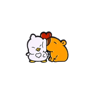Cute capybara and white bird enamel pin badge with red heart for backpack decor