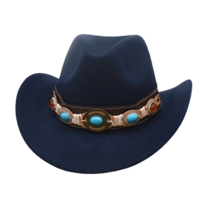 Close-up of navy blue jazz hat featuring turquoise and amber beaded leather band