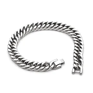 Bracciale cubano da uomo in acciaio inossidabile argento lucido con chiusura a scatto