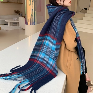 Détail d'une écharpe à carreaux bleus et rouges avec franges sur un mannequin en manteau