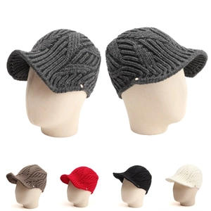 Knitted Peak Cap Beanie With Visor For Men Women Winter Warm Windproof Acrylic Solid Color Fashion Foldable Newsboy Hat
