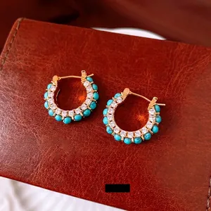 Vintage Hoop Earrings Gold Plated Copper Turquoise Bead Zircon Inlaid Geometric Round Light Luxury Accessory For Women