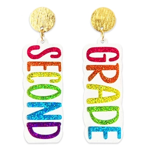 Rainbow glitter Second Grade long drop earrings with gold studs on white background